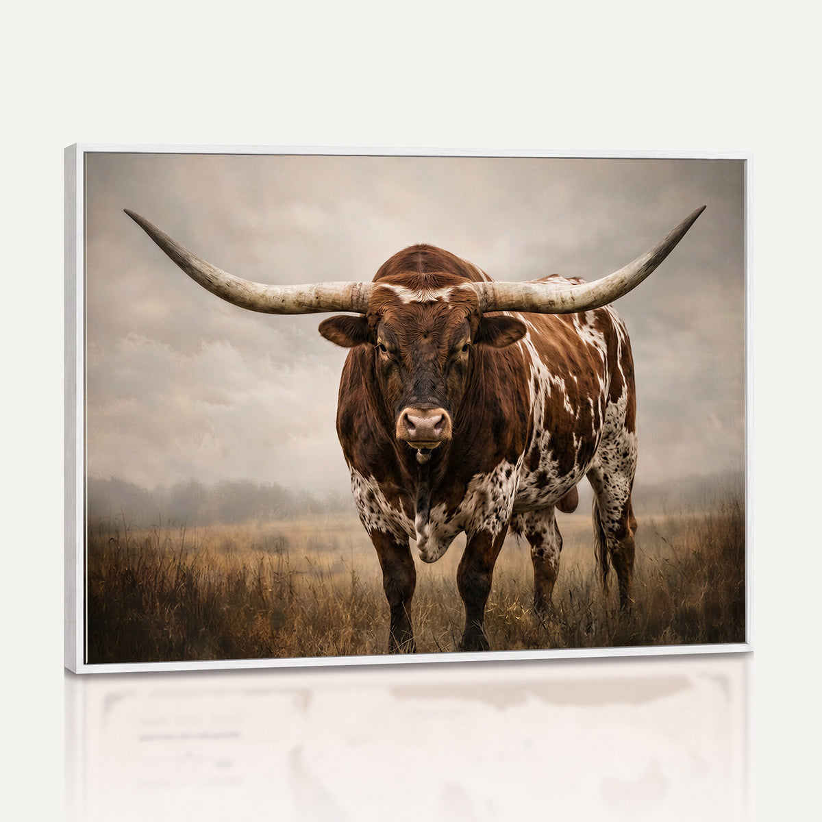 25239047A-MGV-CV-36X24 - Texas Longhorn Canvas Wall Art Western Bull Desert Moody Grey Overcast Rustic Farmhouse Framed Large for Living Room Bedroom Office Decor