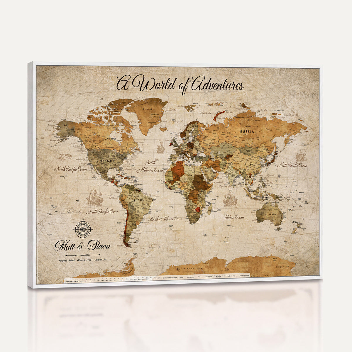 88768647-MGV-CV-36X24 - Extra Large Framed Personalize Push Pin World Map Wall Art Canvas Print for Travel Tracking