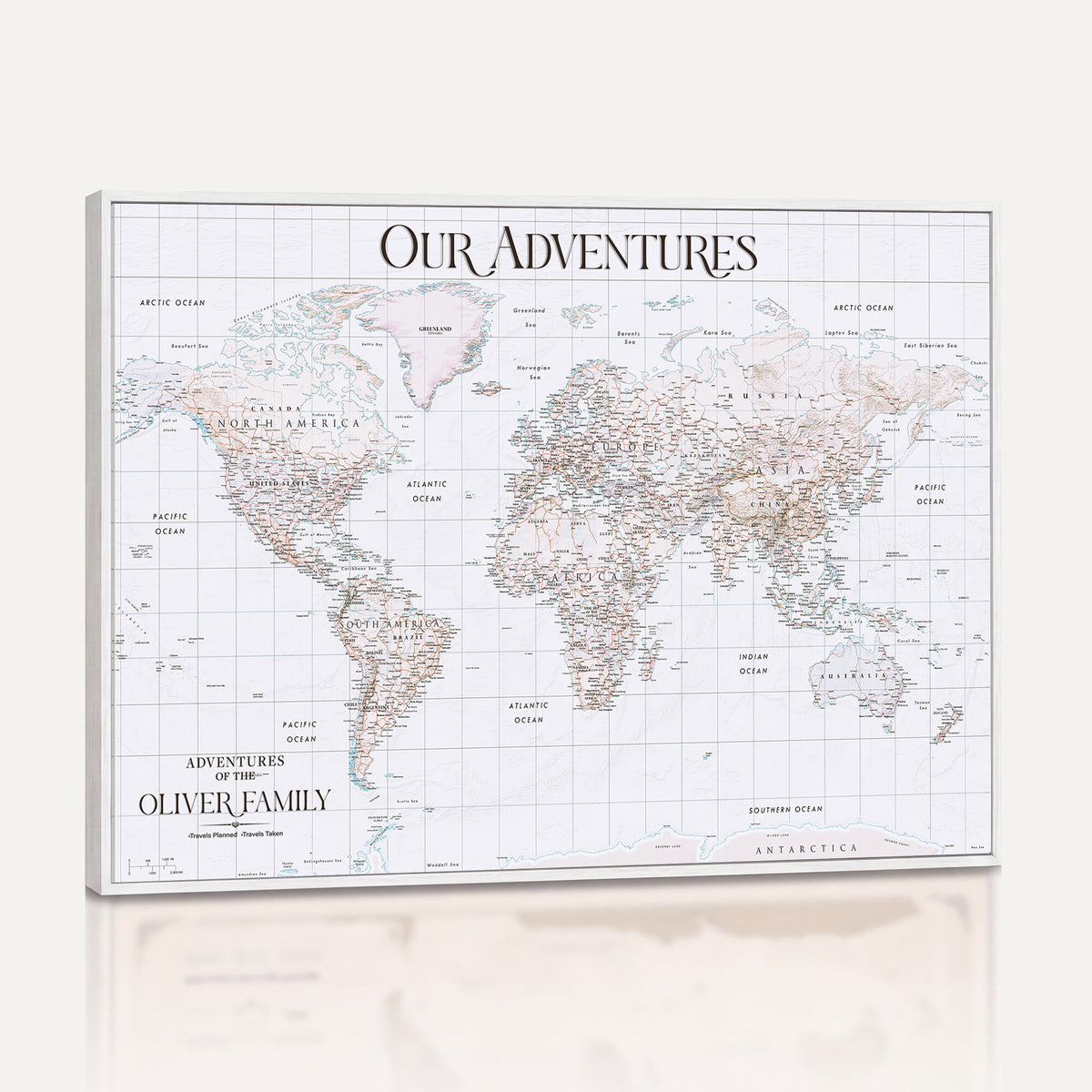 18074626D3DD-MGV-CV-36X24 - Extra Large Framed Personalize Push Pin World Map Wall Art Canvas Print for Travel Tracking NEWMAP - 015