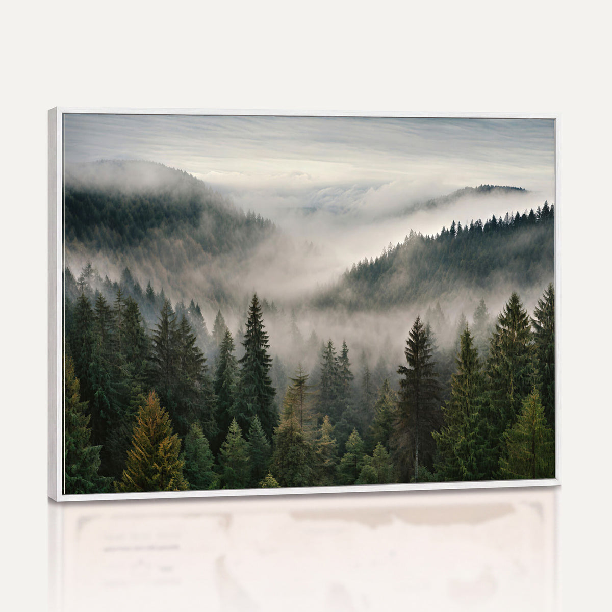 38409495-_Poster-30x20 - Misty Pine Valley Mountain Canvas Print 3 Piece Framed Wall Art Extra Large Floating Frame Nature Poster Made in USA