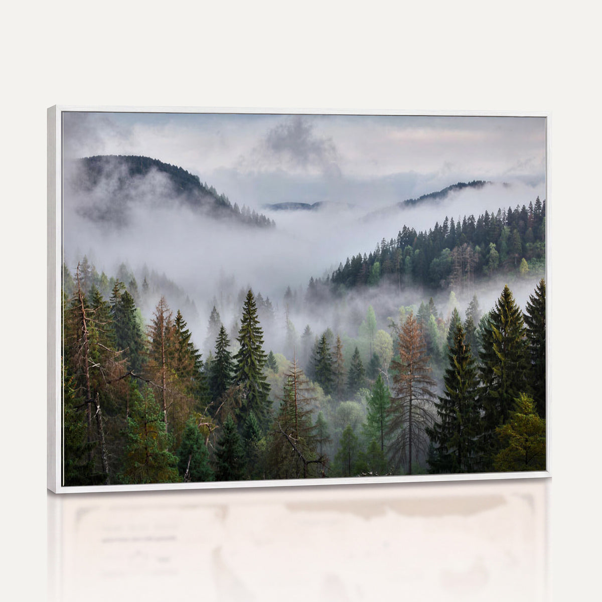 18735847-_Poster-30x20 - Foggy Pine Forest Mountain Canvas Print 3 Piece Framed Wall Art Extra Large Floating Frame Nature Poster Made in USA