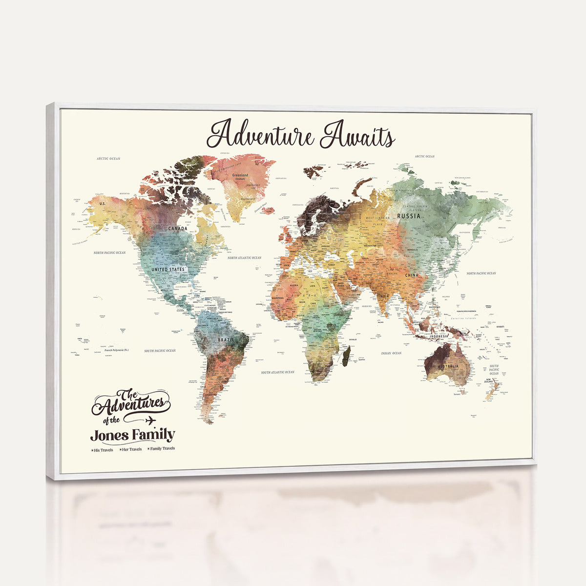 NEWMAP-7D-MGV-CV-36X24 - Custom Push Pin World Map Wall Art Canvas Print | Personalized Travel Tracker - NEWMAP-7