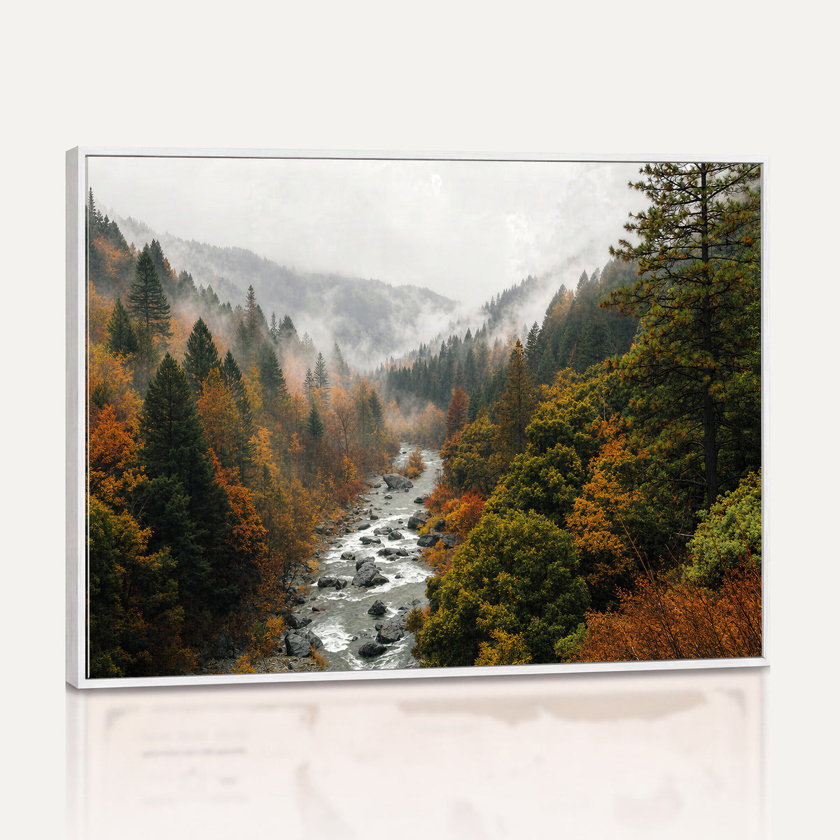 95540697-MGV-TP-30X20 - Misty River Mountain Valley Canvas Wall Art - Autumn Forest Landscape Nature Print