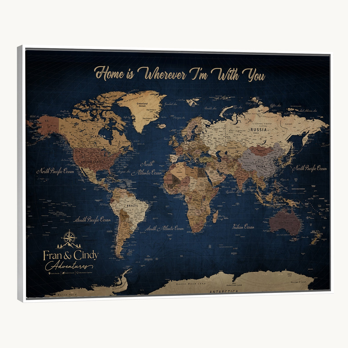 57774467-MGV-CV-36X24 - Custom Framed Deep Blue Geometric Push Pin World Map Wall Art, Next Trip Planner Map, Family Room and Hallway Decor