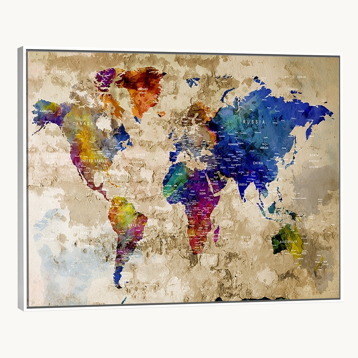 Colorful World Map Canvas Wall Art | Abstract Watercolor Map Print