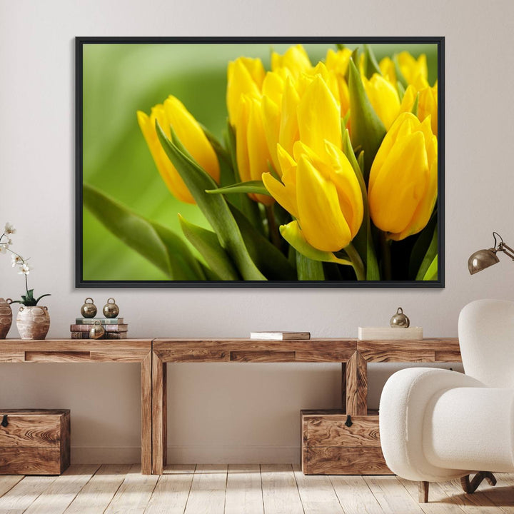 The Wall Art Yellow Tulips Canvas Print on a green background is featured.