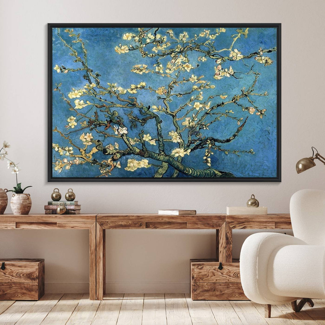 A Van Goghs Almond Blossom canvas print adds a touch of elegance to the wall.