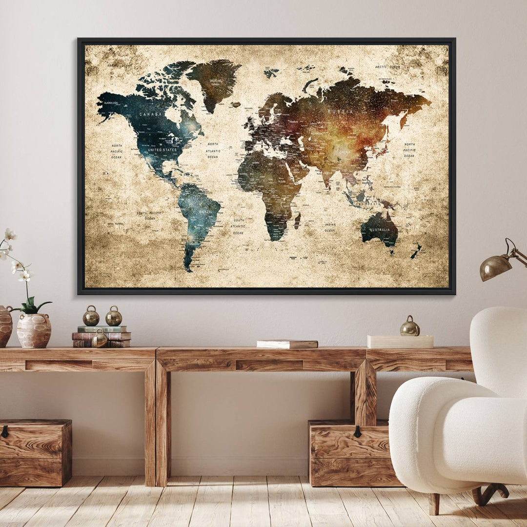 Vintage World Map Canvas Wall Art, perfect for antique-style decor, displayed against a light wood wall.