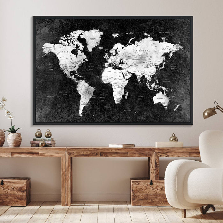 The dining room features a Modern Grayscale World Map 3-Panel Canvas Art as its focal point.