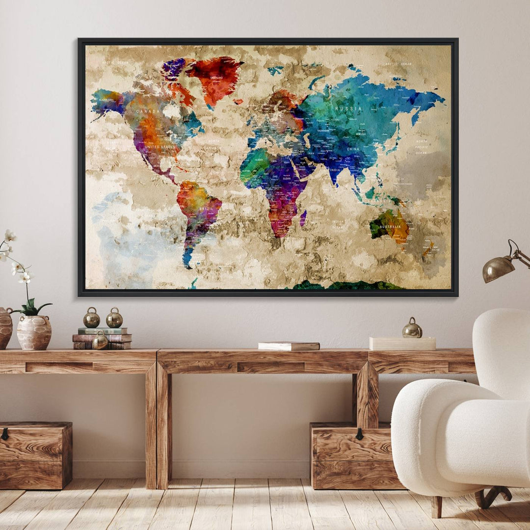 An Abstract Large Watercolor World Map Canvas Print hangs prominently.