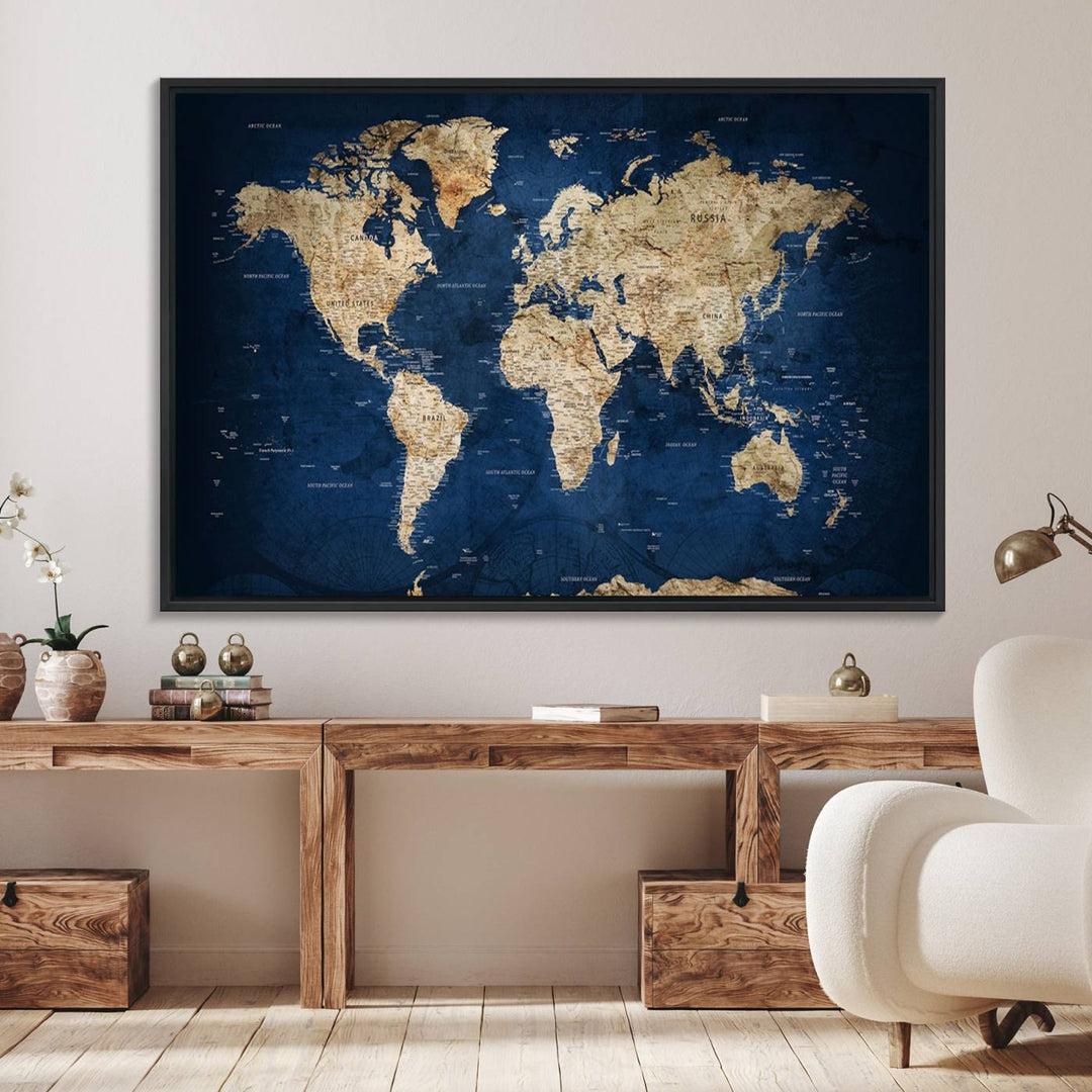 Classic Vintage Blue World Map Canvas Print featuring beige continents against a deep blue background.