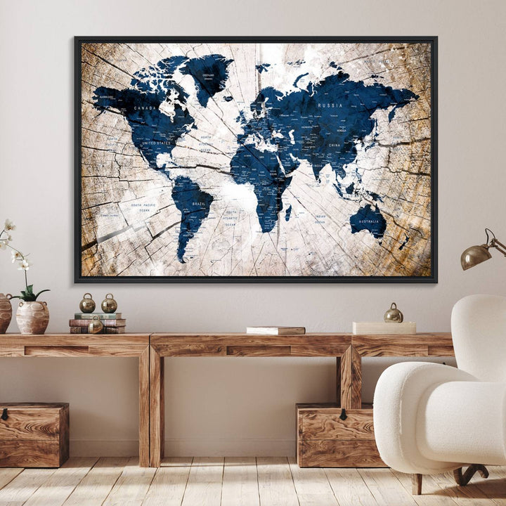 The Vintage World Map on Grunge Background Canvas serves as the focal point of the room.