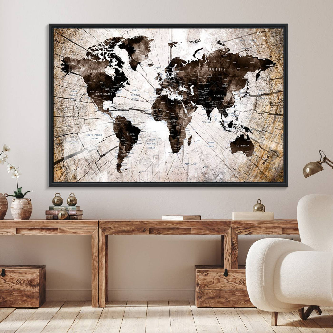 The Tree Ring World Map Canvas hangs above the table, blending into the nature-inspired setting.