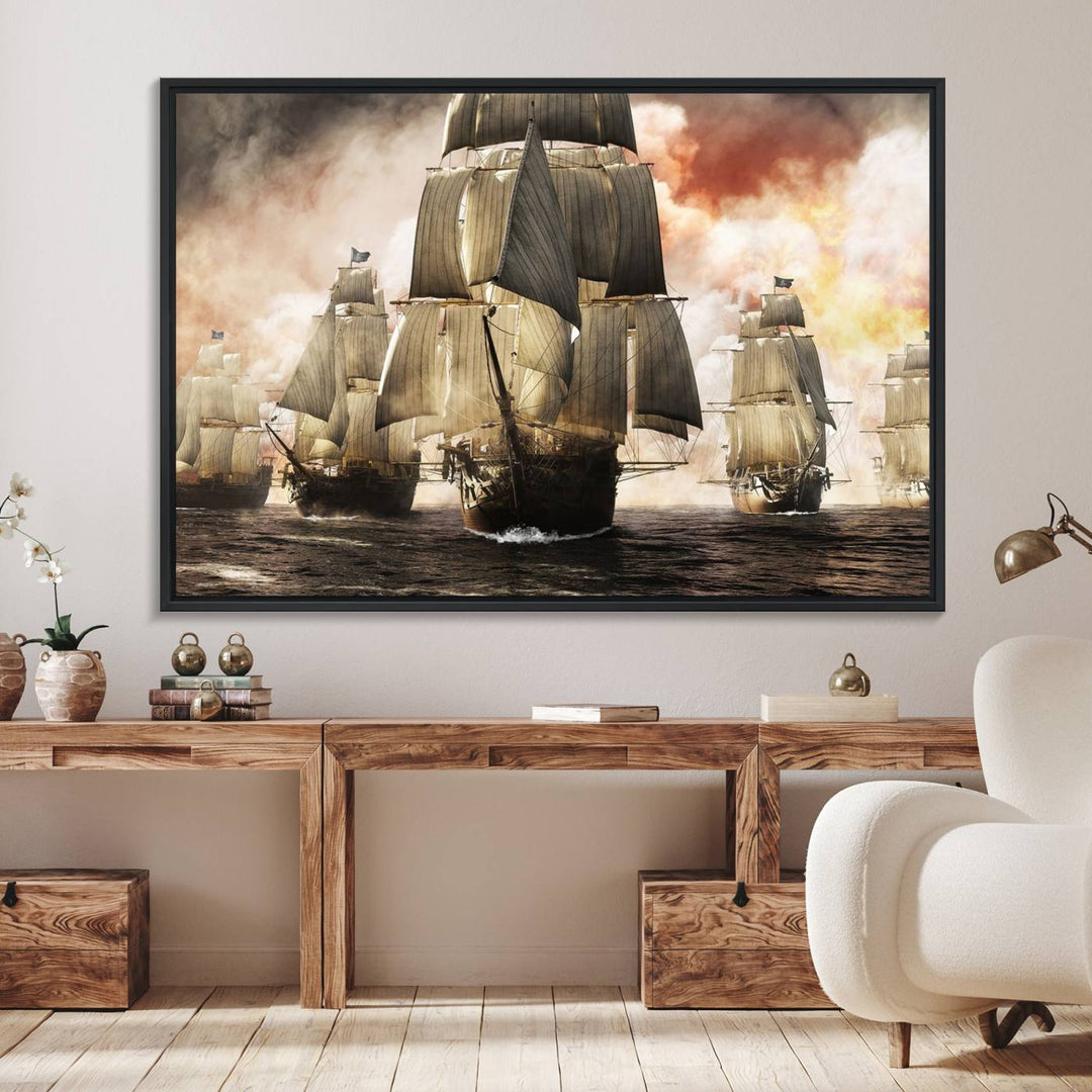 Pirate Fleet Canvas Print of ships at sea.