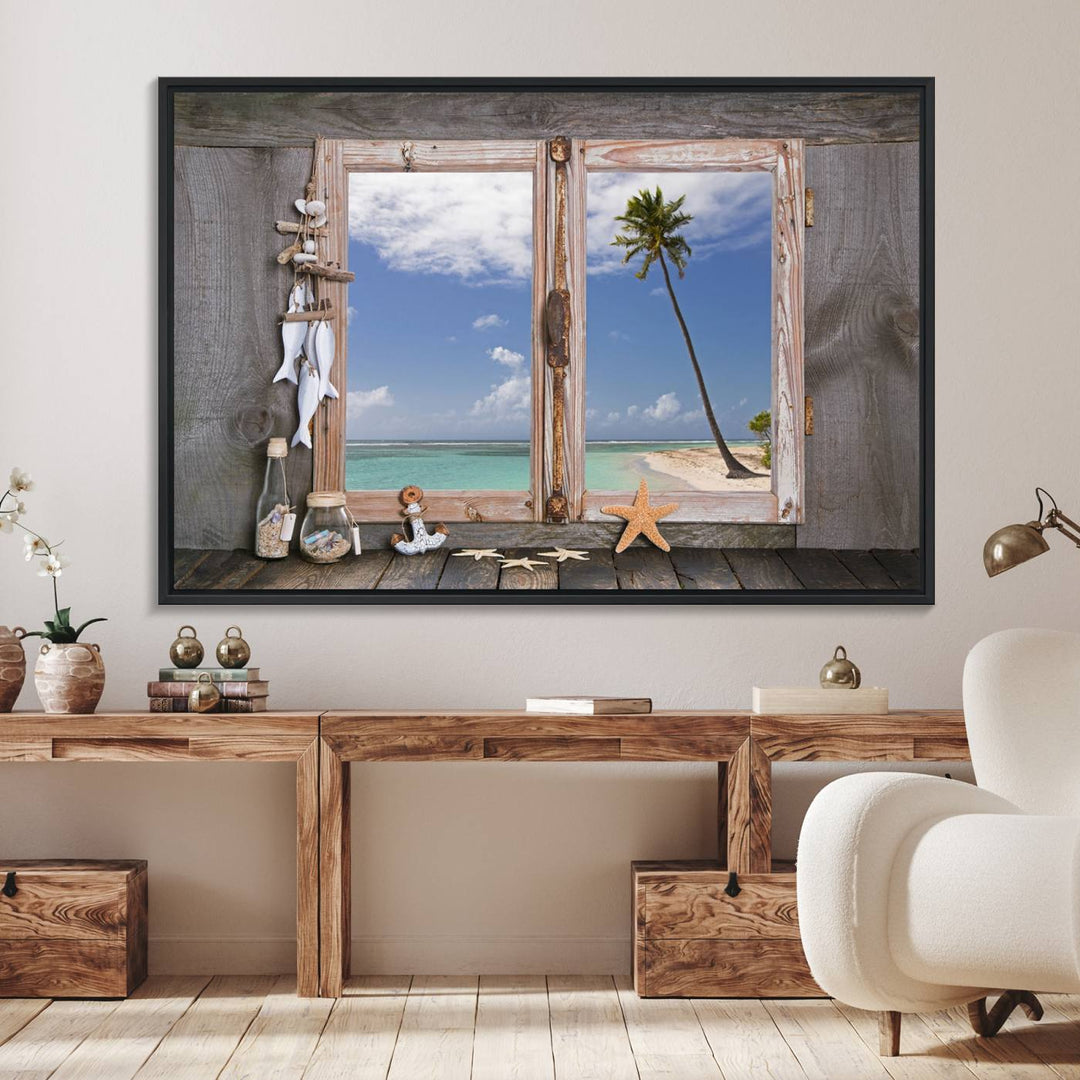 The Window Wall Art Relaxing Beach features seashells and a rustic window frame.