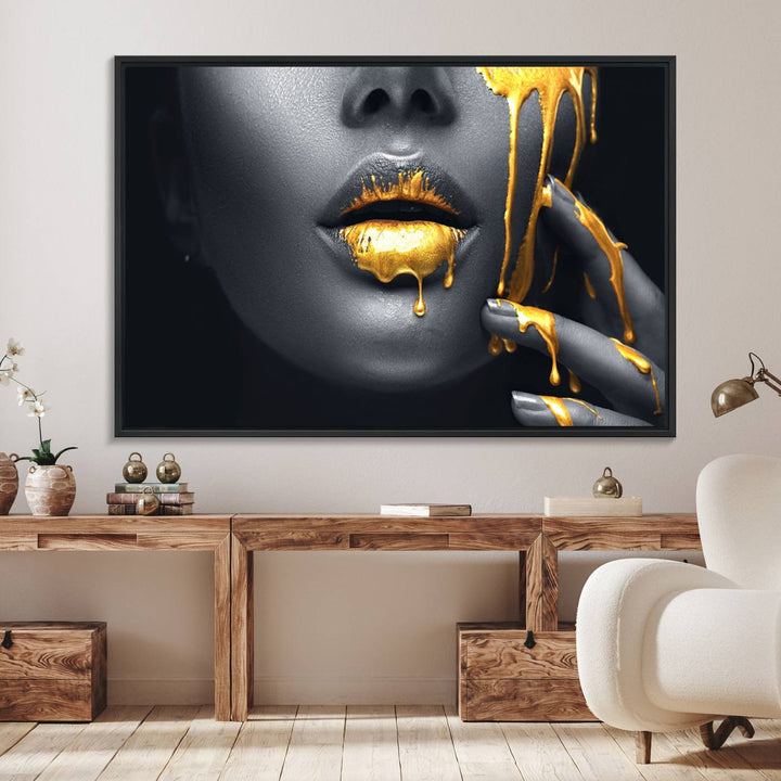 The Gold Lips and Black Woman Makeup Canvas Print features a chic monochrome face design, making it ideal for a modern dining room.