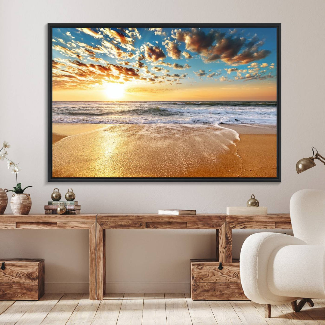 A gallery-wrapped canvas titled Soothing Sunset on Calm Beach is featured.