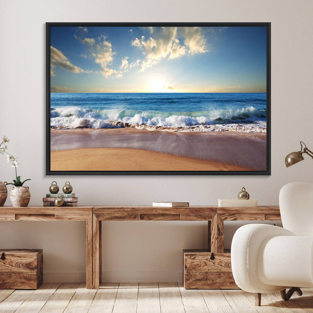 The dining room features a Coastal Tropical Beach Sunset canvas wall art.