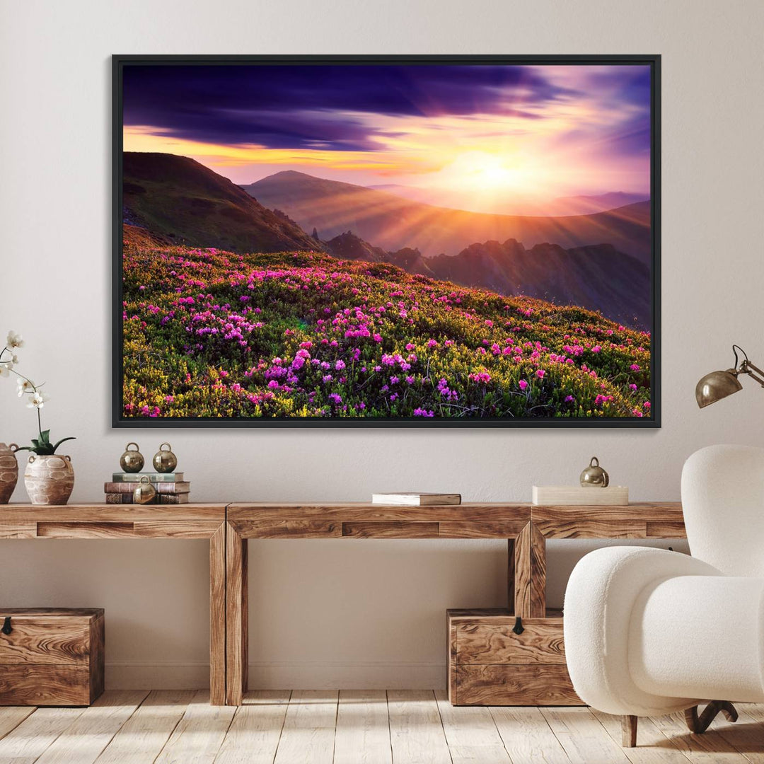 Gallery-wrapped wall art of a stunning mountain sunset and purple flowers.