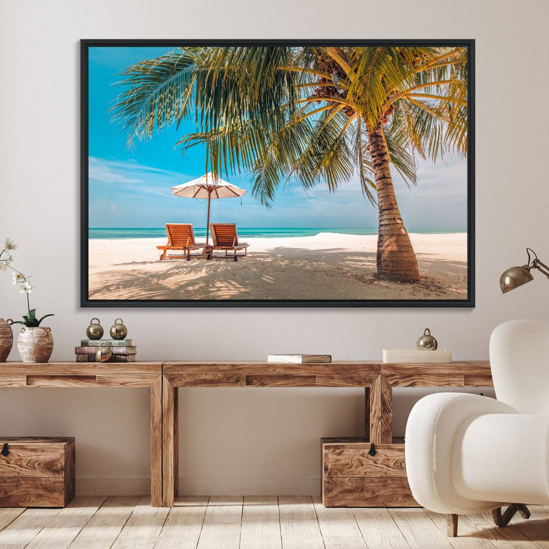 The 3-panel Tropical Beach Wall Art features palm trees and sun loungers, perfect for coastal decor.