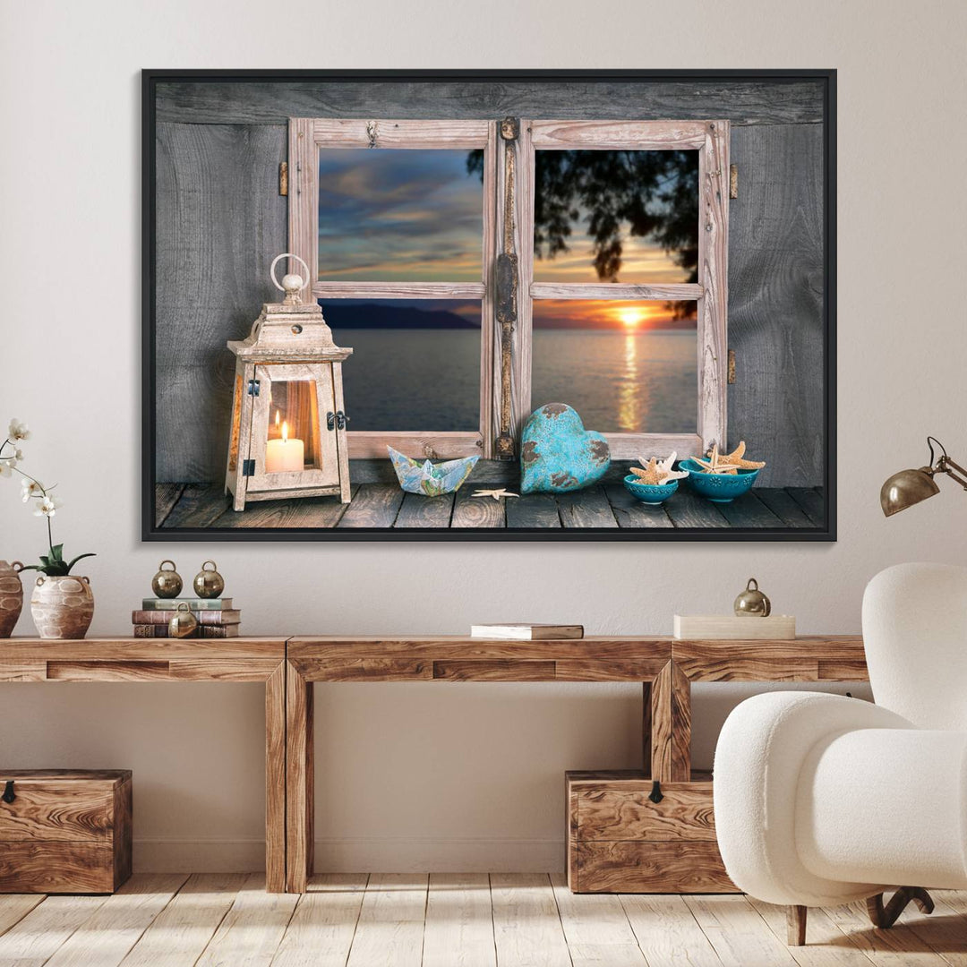 The Astonishing Sunset from the Window canvas print beautifully captures a sea view, accompanied by a lantern and starfish.