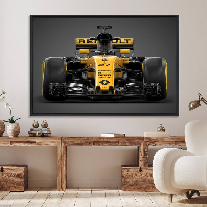 A yellow and black F1 Renault car canvas print with free shipping.