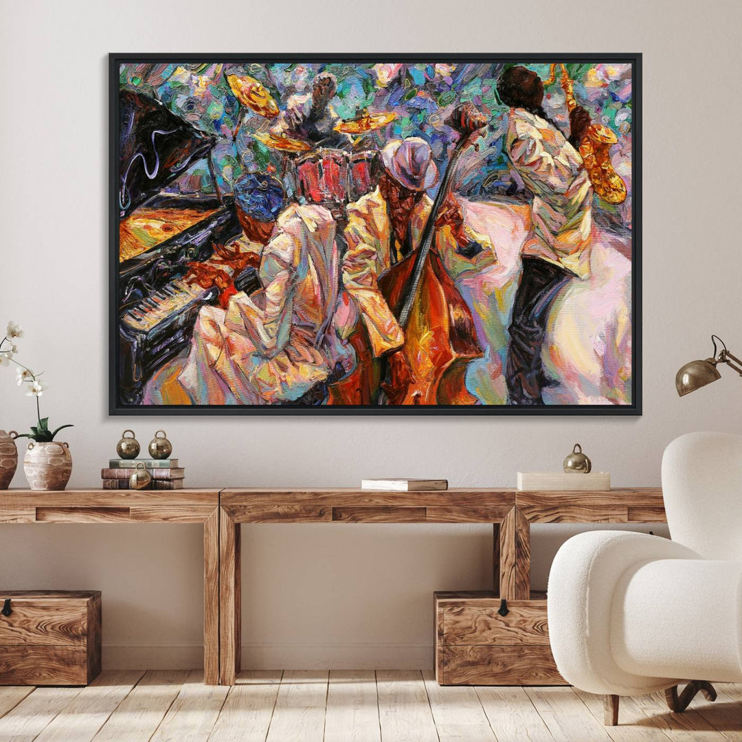 The wall features an African American Jazz Art Music Abstract Painting on Canvas.