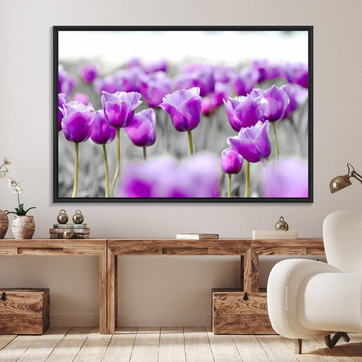 A gallery-wrapped Tulip Fields canvas wall art in a vivid purple hue.