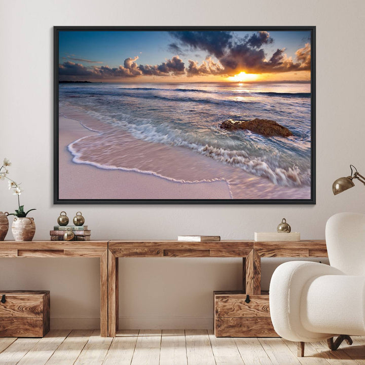 The room features a Sunset Beach Waves Canvas above the counter.