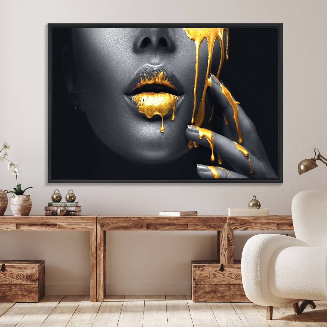 Above the dining area is the Gold Glitter Lips Fashion Makeup canvas wall art.