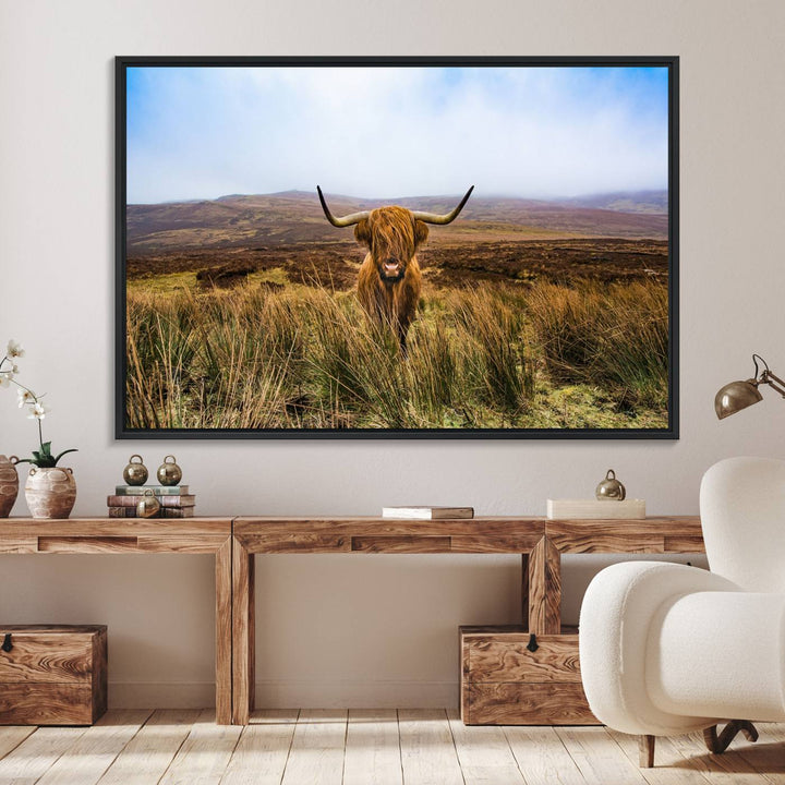 A Scottish Highland Cow art print canvas with UV-protection adorns the wall, preserving vivid details.