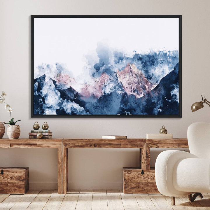 A modern kitchen showcases an Abstract Watercolor Mountain Landscape Art Canvas Print.