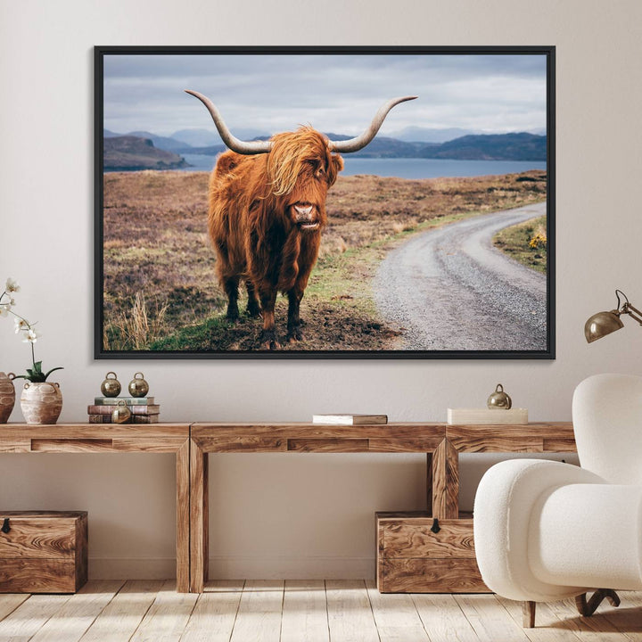 The Longhorn Highland Cow Canvas Wall Art is prominently displayed.