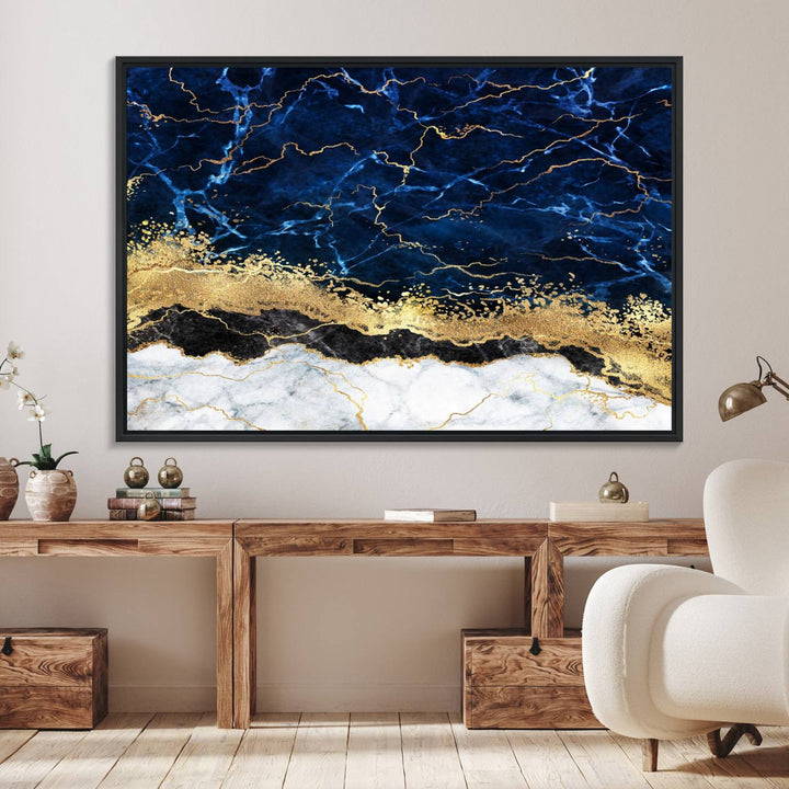 Navy Blue Marble Fluid Effect Canvas Wall Art, featuring a gold and white abstract design, adds a finishing touch to your modern kitchen decor.