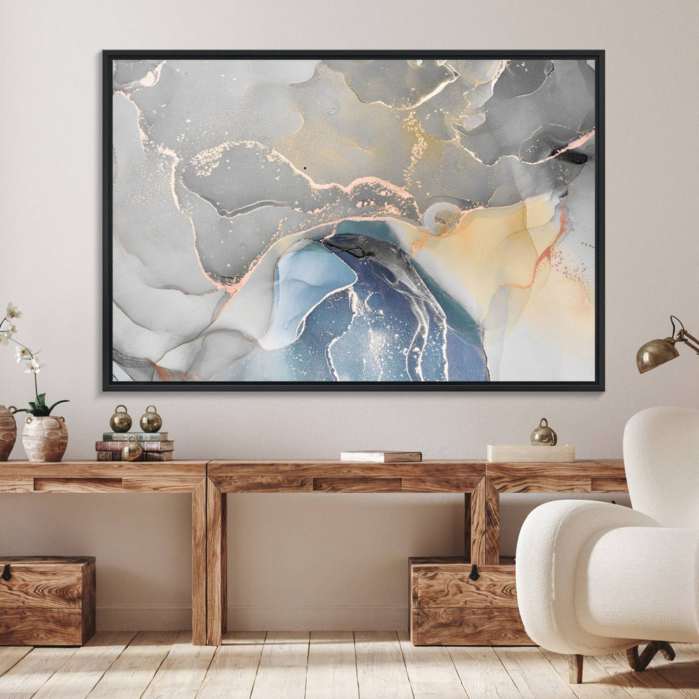 Gray Marble Fluid Effect Abstract Canvas with swirls of gray, gold, and blue.