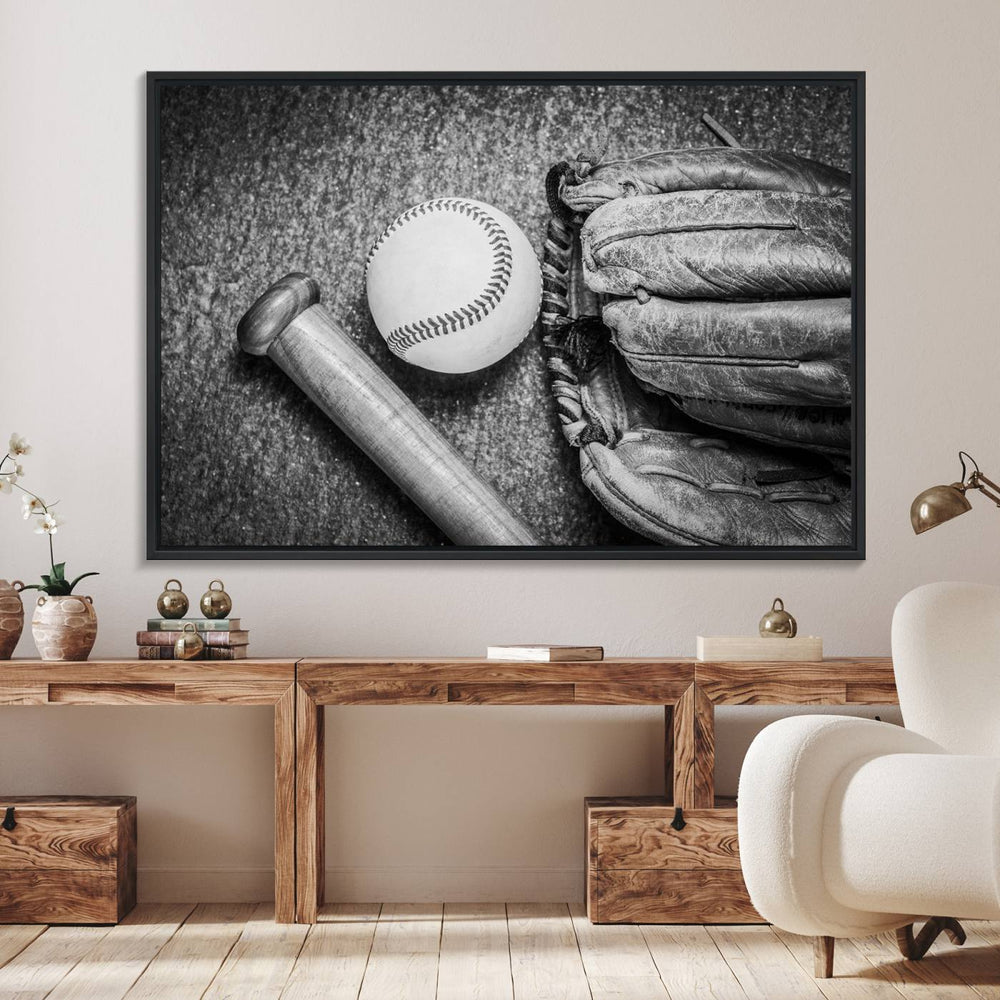 A Vintage Baseball Glove and Bat canvas print hangs on the wall.