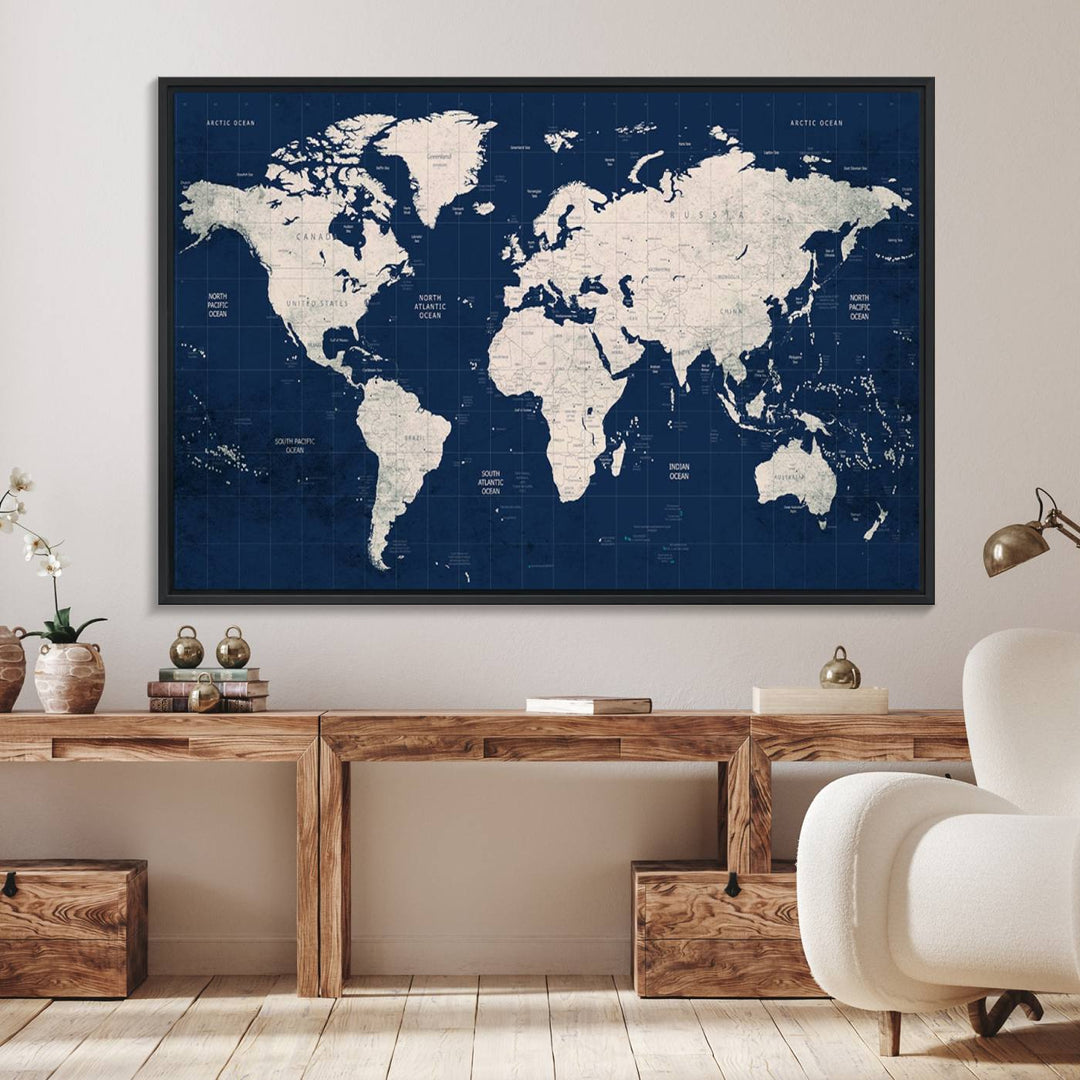 Large modern world map wall art canvas print in beige and navy; showcases a 3-panel vintage map design and is ready to hang.