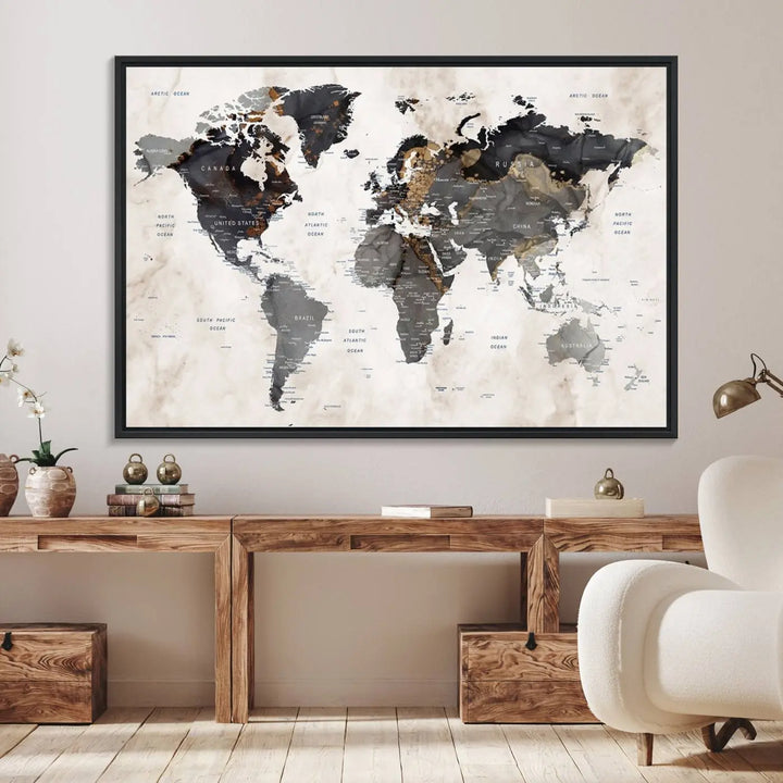 The dining room wall is adorned with the World Map Canvas Print – Earthy Triptych Wall Art, a vintage global map decor featuring dark continents.