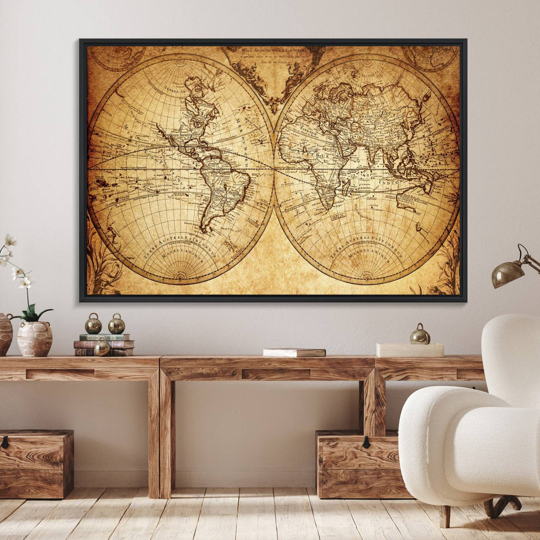 The 3-panel vintage world map canvas print hangs prominently.