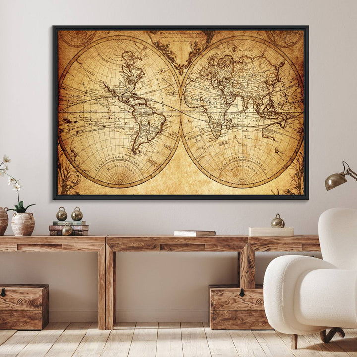 The 3-panel vintage world map canvas print hangs prominently.