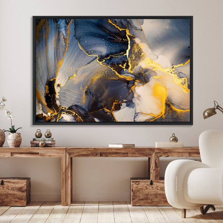 Large Abstract Wall Art Print - Gold and Blue Abstract Canvas Wall Art | Fluid Ink Modern Luxury Wall Decor for Living Room Decor