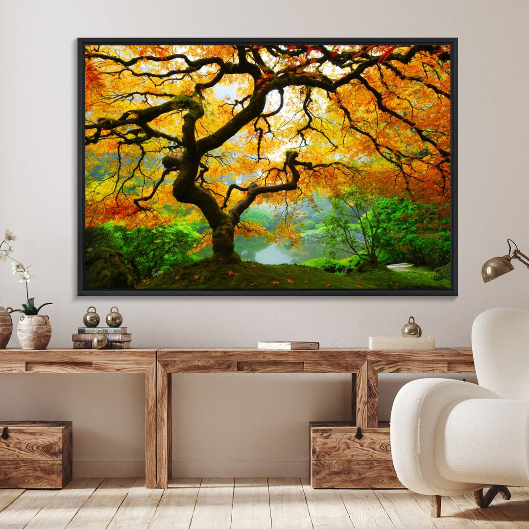 The Portland Japanese Maple Tree Canvas adds elegance to a modern living room.