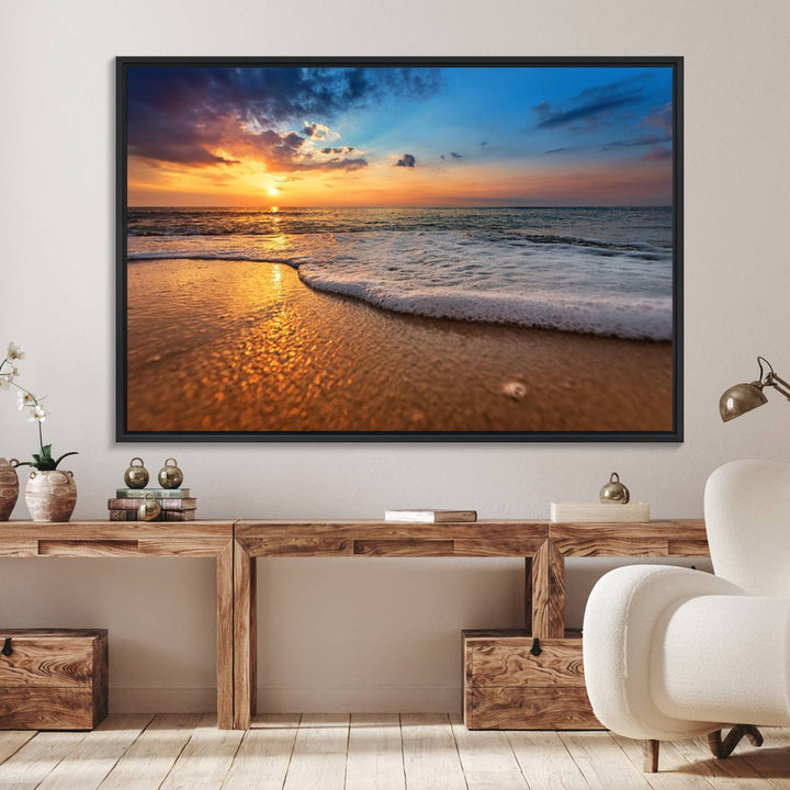 The Golden Sunset Beach Waves Triptych adds a modern coastal touch with its stunning seascape.