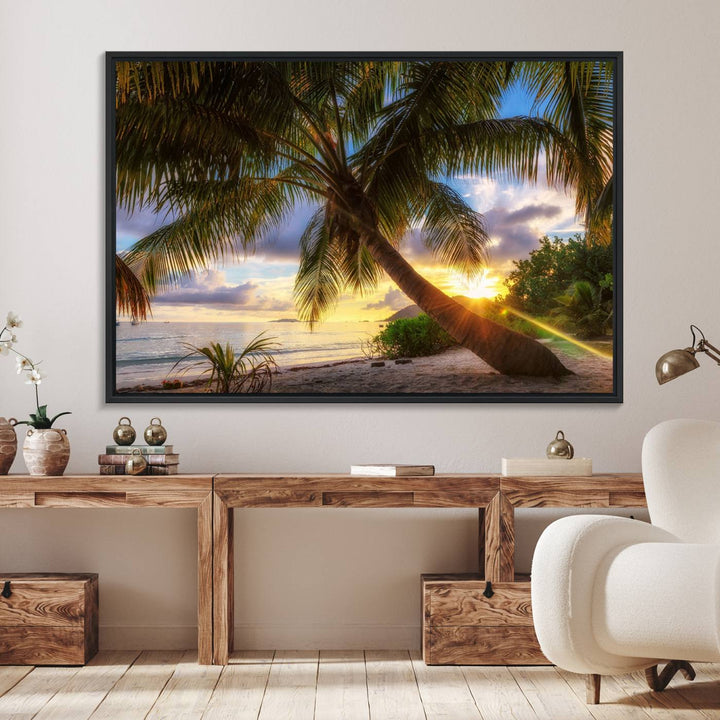 A Coastal Sunset Palm Tree canvas print hangs prominently.