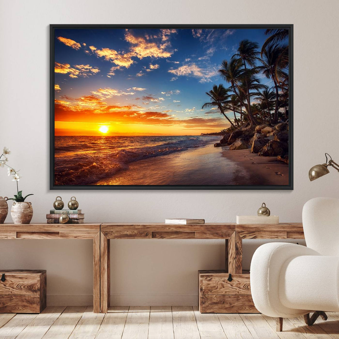 A stunning Tropical Beach Sunset Canvas Art featuring palm trees and ocean waves, created as a Giclee print.