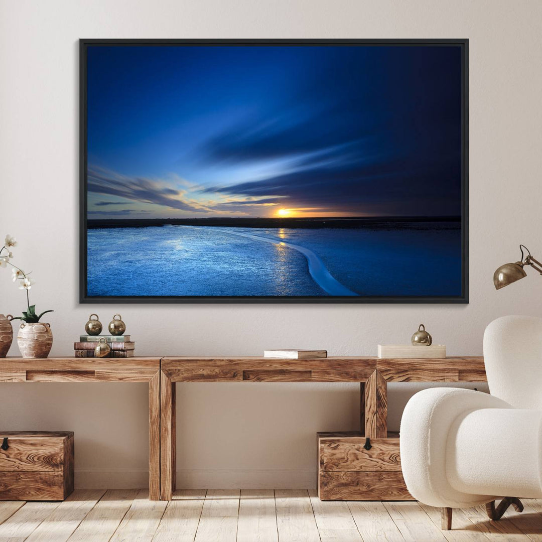 Modern decor: Deep Blue Ocean Sunset Triptych for a serene coastal vibe.