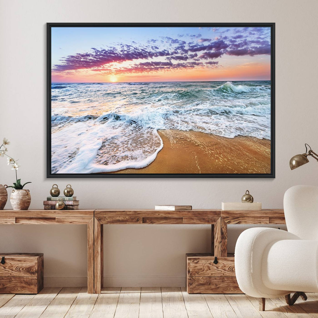 The Vivid Sunset Ocean Waves Triptych hangs on a wooden wall.