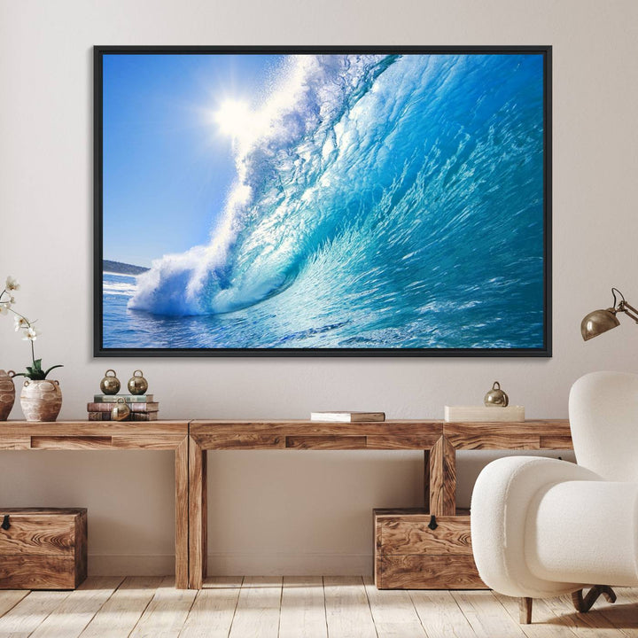 The Blue Big Wave Surfing Ocean Canvas adds a coastal vibe to a wooden wall.