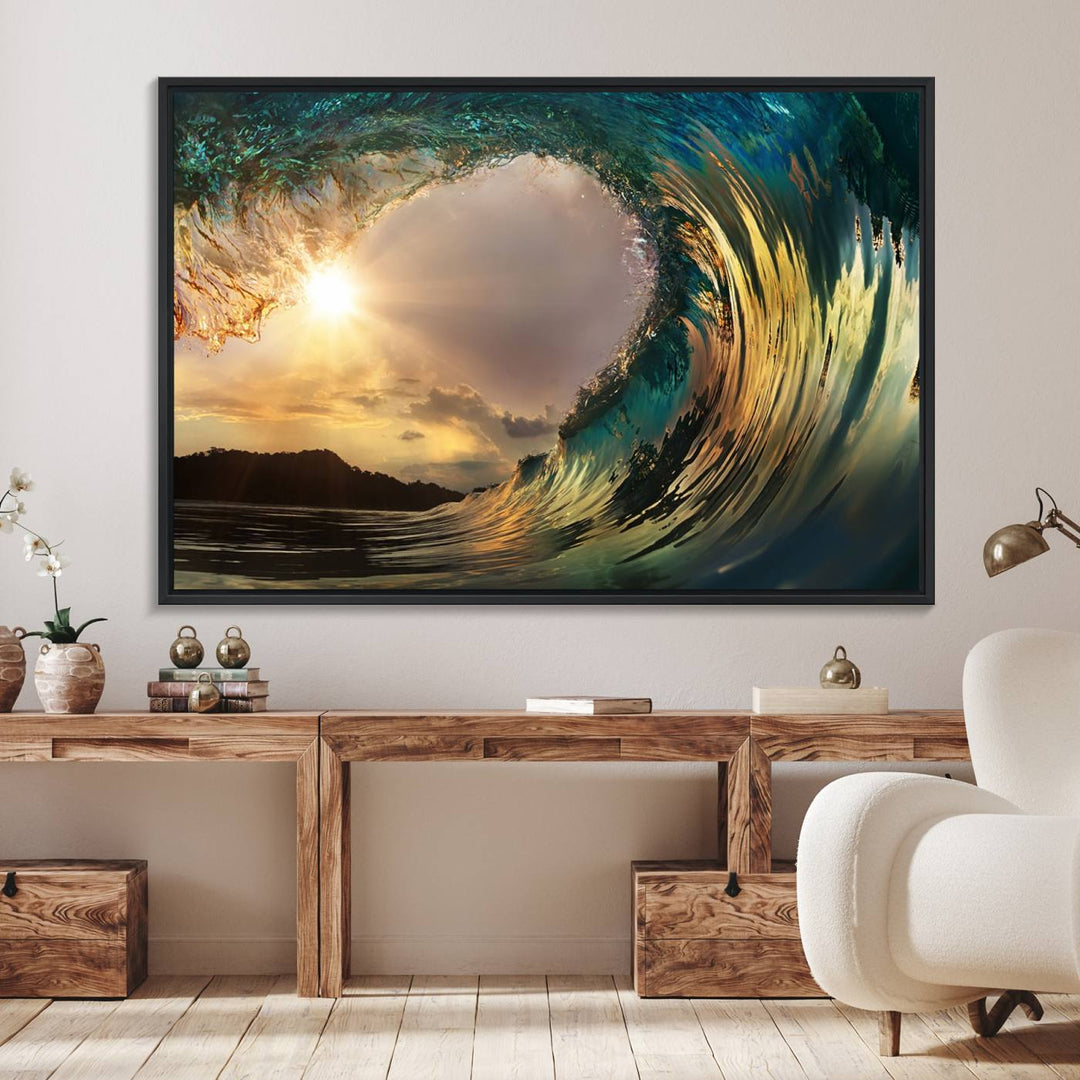 A Golden Wave Sunset Giclee hangs above, showcasing colorful ocean wave art.