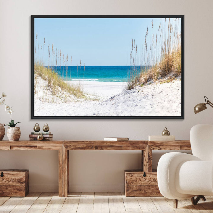 Serene Coastal Dune Path with Ocean View, 3-Panel Beach Canvas Art; tranquil seascape for coastal decor.